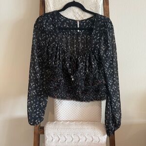 NWOT Free People Black, White, Red & Green Floral Print Bohemian Smocked Top